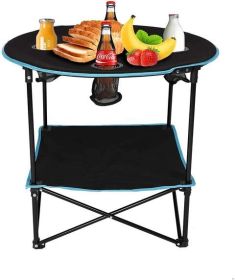 Bosonshop Folding Table, Travel Camping Picnic Collapsible Round Table with 4 Cup Holders and Carry Bag (Black & Blue) - Black & Blue
