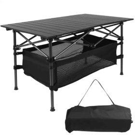 1Pc Folding Camping Table Portable Aluminum Roll-up Picnic BBQ Desk with Carrying Bag Heavy Duty Outdoor Beach Backyard Party Patio - black