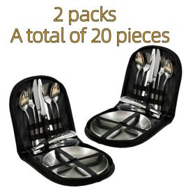 Two sets of stainless steel outdoor camping cutlery sets - including forks, spoons, knives, chopsticks, food clips, plates - portable cutlery bags