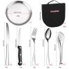 Two sets of stainless steel outdoor camping cutlery sets - including forks, spoons, knives, chopsticks, food clips, plates - portable cutlery bags