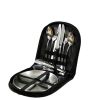 Two sets of stainless steel outdoor camping cutlery sets - including forks, spoons, knives, chopsticks, food clips, plates - portable cutlery bags
