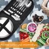 Two sets of stainless steel outdoor camping cutlery sets - including forks, spoons, knives, chopsticks, food clips, plates - portable cutlery bags