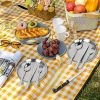 Two sets of stainless steel outdoor camping cutlery sets - including forks, spoons, knives, chopsticks, food clips, plates - portable cutlery bags